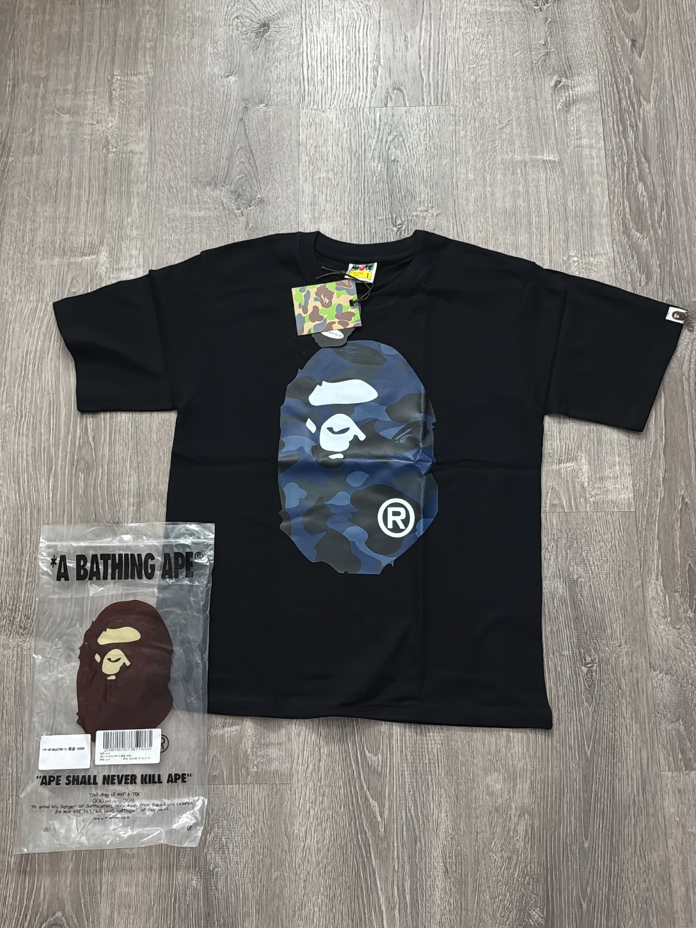 Bape Black Tee with Blue Camo Ape Head Logo